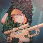  1girl black_gloves blush camouflage eyebrows_visible_through_hair gloves gun hat holding holding_gun holding_weapon looking_at_viewer nyifu one_eye_closed orange_eyes orange_hair orange_hat original parted_lips rifle short_hair short_sleeves smile sniper_rifle solo teeth upper_body weapon 