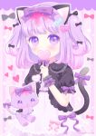  1girl animal animal_ears black_bow black_shirt blush bow candy cat cat_ears cat_girl cat_tail commentary_request covered_mouth dress food hair_bow hair_ornament heart heart_hair_ornament himetsuki_luna holding holding_food holding_lollipop lollipop long_hair original puffy_short_sleeves puffy_sleeves purple_bow purple_hair shirt short_sleeves solo sparkle striped striped_background tail tail_bow tail_raised twitter_username two_side_up vertical-striped_background vertical_stripes violet_eyes white_dress wrist_cuffs 