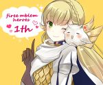  1girl armor blonde_hair braid brown_gloves closed_mouth crown_braid feh_(fire_emblem_heroes) fire_emblem fire_emblem_heroes gloves green_eyes long_hair on_shoulder one_eye_closed rojiura-cat sharena simple_background smile yellow_background 