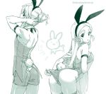  1boy 1girl adjusting_hair animal_ears ass backless_outfit bangs breasts bunny_tail bunnysuit cowboy_shot crossdressinging greyscale hair_bun hand_on_own_chest leotard leotard_pull link long_hair looking_at_viewer looking_back medium_breasts monochrome parted_bangs pointy_ears princess_zelda rabbit_ears short_hair shuri_(84k) simple_background straight_hair tail the_legend_of_zelda the_legend_of_zelda:_breath_of_the_wild thick_eyebrows twitter_username white_background 