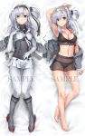  barefoot bikini black_bikini bodysuit bodysuit_under_clothes boots breasts dakimakura ebizome grey_eyes hachimaki headband jacket kantai_collection medium_breasts navel suzutsuki_(kantai_collection) swimsuit transparent_skirt white_bodysuit white_hair 