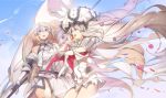  armor armored_dress bare_shoulders blonde_hair blue_eyes blue_sky chains dress eyebrows_visible_through_hair falling_petals fate/apocrypha fate/grand_order fate_(series) faulds flag flower fur_trim gauntlets gloves hair_flower hair_ornament hat headpiece holding holding_flag jeanne_d&#039;arc_(fate) jeanne_d&#039;arc_(fate)_(all) long_hair marie_antoinette_(fate/grand_order) no-kan open_mouth plackart silver_hair sky standard_bearer thigh-highs thighs very_long_hair violet_eyes white_dress white_gloves 