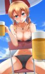  1girl absurdres alcohol alternate_costume bangs beach beach_umbrella beer bikini black_bikini blonde_hair blue_eyes blue_sky blush breasts chair clouds collarbone commentary_request cross cross_necklace cup day hair_between_eyes hair_ornament head_tilt highres holding holding_cup iron_cross jewelry kantai_collection large_breasts long_hair looking_at_viewer low_twintails mug navel necklace nuka_(nvkka) outdoors parted_lips pov prinz_eugen_(kantai_collection) sand sitting sky smile solo stomach swimsuit table thighs twintails umbrella 