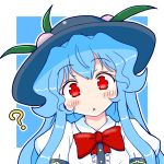  1girl :o ? bangs black_hat blue_hair blush bow bowtie confused eruru_(erl) eyebrows_visible_through_hair food fruit hat head_tilt highres hinanawi_tenshi long_hair open_mouth outline peach puffy_short_sleeves puffy_sleeves red_bow red_eyes red_neckwear short_sleeves solo touhou upper_body white_outline 