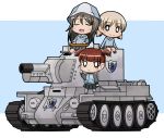  3girls aki_(girls_und_panzer) artist_request black_hair bt-42 caterpillar_tracks chibi closed_eyes emblem girls_und_panzer ground_vehicle hat instrument kantele keizoku_(emblem) keizoku_military_uniform light_brown_hair long_hair mika_(girls_und_panzer) mikko_(girls_und_panzer) military military_vehicle motor_vehicle multiple_girls music short_hair singing smile tank twintails 