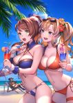  1boy 2girls :d bangs bare_shoulders beach beatrix_(granblue_fantasy) bikini blonde_hair blue_bikini blue_eyes blush breasts brown_hair cleavage clouds collarbone cup day draph drink drinking_straw esukee eyebrows_visible_through_hair eyewear_on_head flower frilled_bikini frills fur_trim granblue_fantasy green_eyes hair_flower hair_ornament halter_top halterneck horns large_breasts long_hair multiple_girls navel o-ring o-ring_bikini o-ring_top ocean open_mouth outdoors palm_tree ponytail red_bikini side-tie_bikini sky smile standing sunglasses swimsuit tree tropical_drink twintails upper_teeth vaseraga water wrist_cuffs zeta_(granblue_fantasy) 