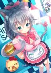  1girl :3 absurdres animal animal_ears apron arm_support bangs baseball_cap bird blue_eyes blurry blurry_foreground blush bow breasts cat_ears cat_girl cat_tail cherry chick cleavage closed_mouth commentary_request depth_of_field dress_shirt drinking_straw dutch_angle eyebrows_visible_through_hair food french_fries frilled_apron frills fruit green_eyes hair_between_eyes hair_bow hamburger hand_up hat heterochromia highres holding holding_tray huge_filesize large_breasts long_hair looking_at_viewer original pennant pink_bow pink_shirt pink_skirt pleated_skirt ponytail red_bow red_hat shirt short_sleeves sidelocks silver_hair sitting skirt smile solo standing string_of_flags tail tail_bow tail_raised tougetsu_hajime tray uniform very_long_hair waist_apron waitress white_apron 
