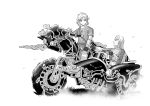  1boy 1girl braid fingerless_gloves gloves grass greyscale ground_vehicle leaf leaves_in_wind link long_hair looking_at_another monochrome motor_vehicle motorcycle ouya_(maboroshimori) pointing pointy_ears ponytail princess_zelda scabbard sheath sheikah_slate short_ponytail sidecar simple_background sitting smile sword the_legend_of_zelda the_legend_of_zelda:_breath_of_the_wild very_long_hair weapon wheel 