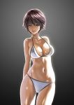  1girl arms_behind_back bangs black_background breasts brown_eyes brown_hair commentary_request cowboy_shot gluteal_fold ikeda_(hayato) large_breasts light_smile lips looking_at_viewer navel original parted_lips short_hair skindentation solo standing string_bikini thighs 