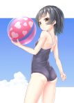  1girl arare_(kantai_collection) ass ball beachball black_hair blush breasts closed_mouth eyebrows_visible_through_hair gotou_hisashi highres kantai_collection looking_at_viewer school_swimsuit short_hair small_breasts solo swimsuit 