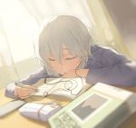  1girl anastasia_(idolmaster) backlighting book cable cellphone closed_eyes commentary_request earphones earphones enden eyebrows_visible_through_hair idolmaster idolmaster_cinderella_girls long_sleeves pen pencil_case phone russian short_hair silver_hair sleeping smartphone solo sunlight upper_body window 