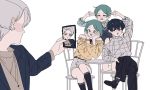  4others alternate_costume bangs bare_shoulders blue_hair bob_cut cairngorm_(houseki_no_kuni) casual cellphone chair diffndk double_v earrings green_eyes green_hair hands_on_own_cheeks hands_on_own_face highres houseki_no_kuni humanization jewelry kneeling legs_crossed multiple_others pale_skin parted_bangs phone phosphophyllite phosphophyllite_(ll) self_shot shirt short_hair silver_hair simple_background sitting smartphone table taking_picture v white_background yellow_shirt 