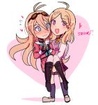  2girls ahoge akamatsu_kaede antenna_hair aqua_eyes aqua_neckwear backpack bag beamed_eighth_notes black_choker blonde_hair blush carrying choker dangan_ronpa eighth_note embarrassed fingerless_gloves flying_sweatdrops gloves goggles goggles_on_head heart highres huyandere iruma_miu long_hair multiple_girls musical_note musical_note_hair_ornament neckerchief necktie new_dangan_ronpa_v3 open_mouth orange_neckwear pink_eyes pleated_skirt princess_carry purple_skirt randoseru school_uniform skirt smile sweater_vest wavy_mouth 