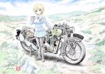  1girl artist_name bangs black_footwear black_legwear black_neckwear blonde_hair blue_eyes blue_skirt blue_sweater braid closed_mouth clouds cloudy_sky cup darjeeling dated day dress_shirt emblem eyebrows_visible_through_hair gillet_500_ohv_supersport girls_und_panzer ground_vehicle highres holding holding_cup kubota_shinji loafers long_sleeves looking_at_viewer miniskirt motor_vehicle motorcycle necktie outdoors pantyhose pleated_skirt school_uniform shirt shoes short_hair signature skirt sky smile solo st._gloriana&#039;s_(emblem) st._gloriana&#039;s_school_uniform sweater teacup tied_hair twin_braids v-neck vehicle_request watermark white_shirt wing_collar 