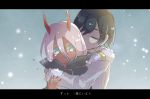  1boy 1girl black_cloak black_hair child cloak closed_eyes coat commentary_request conchitwa couple crying crying_with_eyes_open darling_in_the_franxx fur_coat fur_trim green_eyes grey_coat hand_on_another&#039;s_arm hetero hiro_(darling_in_the_franxx) hood hooded_cloak horns hug hug_from_behind letterboxed long_coat long_hair oni_horns parka pink_hair red_horns red_pupils red_sclera red_skin short_hair snow snowing tears translated winter_clothes winter_coat zero_two_(darling_in_the_franxx) 