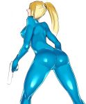  1girl ass blonde_hair bodysuit breasts commentary_request gun long_hair metroid ponytail samus_aran skin_tight solo ukimukai weapon zero_suit 