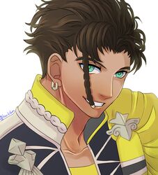  1boy artist_name braid claude_von_regan_(fire_emblem) dark_skin earrings fire_emblem fire_emblem:_three_houses green_eyes jewelry lowres male_focus portrait simple_background solo taguchi_(igutiguti) teeth white_background 