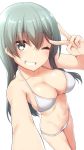  1girl arm_up bangs bare_arms bare_shoulders bikini breasts cleavage collarbone commentary eyebrows_visible_through_hair fingernails green_eyes green_hair grin hair_between_eyes head_tilt kantai_collection large_breasts long_hair looking_at_viewer nagami_yuu navel outstretched_arm self_shot simple_background smile solo standing suzuya_(kantai_collection) swimsuit symbol_commentary v very_long_hair white_background white_bikini 