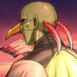  1boy bald facial_hair green_skin hand_up looking_to_the_side lowres male_focus mask nape outdoors personification pink_sky pokemon solo stubble tied_hair twilight ujiga_waita upper_body xatu 