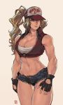  1girl bare_legs baseball_cap beige_background blonde_hair blue_eyes breasts cleavage commentary cowboy_shot cutoff_jeans cutoffs dated david_liu fatal_fury fingerless_gloves gloves hat highres image_sample jacket large_breasts looking_to_the_side low_neckline messy_hair midriff muscle muscular_female one_eye_covered open_clothes open_fly open_jacket shirt signature snk_heroines:_tag_team_frenzy terry_bogard thigh_gap toned twitter_sample vest wavy_hair white_shirt 