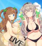  +_+ .live 2girls ^_^ akiiro animal_ears ass ball beach beachball bikini blue_eyes blush bow breast_lift breasts brown_hair cherry cherry_hair_ornament cleavage closed_eyes closed_mouth collarbone cup drinking_glass drinking_straw earmuffs eyebrows_visible_through_hair facing_viewer food food_themed_hair_ornament fruit green_bow hair_bow hair_ornament highres holding holding_ball kakyouin_chieri large_breasts long_hair looking_at_viewer mokota_mememe multiple_girls nail_polish navel one_eye_closed parted_lips red_nails smile strap_lift swimsuit teeth thick_eyebrows twintails virtual_youtuber 
