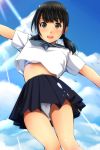 1girl :d black_eyes black_hair black_sailor_collar black_skirt blue_neckwear blue_sky blush bra clouds cloudy_sky commentary_request day highres long_hair looking_at_viewer low_twintails matsunaga_kouyou neckerchief nose_blush open_mouth original outdoors outstretched_arms panties pleated_skirt round_teeth sailor_collar school_uniform serafuku shirt short_sleeves skirt sky smile solo standing teeth twintails underwear upper_teeth white_bra white_panties white_shirt 