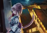  1girl animal_ears blue_eyes blurry blurry_background braid brown_hair candy_apple cat_ears cat_tail facial_mark festival final_fantasy final_fantasy_xiv food hisato_ar holding holding_food japanese_clothes kimono lips looking_at_viewer miqo&#039;te night open_mouth profile short_hair short_ponytail signature solo tail yukata 
