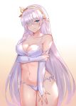  1girl 3: anastasia_(fate/grand_order) bikini black_fire_(peter02713) blue_eyes blush breast_hold breasts bridal_gauntlets cleavage cowboy_shot elbow_gloves fate/grand_order fate_(series) fingerless_gloves front-tie_bikini front-tie_top gloves gradient gradient_background hair_over_one_eye hairband long_hair medium_breasts navel side-tie_bikini silver_hair simple_background solo swimsuit very_long_hair white_bikini white_gloves white_hair 