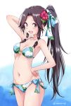  1girl :d alternate_costume alternate_hairstyle armpits bangs bikini blush bow breasts brown_eyes brown_hair cleavage floral_print flower groin hair_bow hair_flower hair_intakes hair_ornament hair_ribbon hand_behind_head hand_on_hip highres jintsuu_(kantai_collection) kantai_collection long_hair looking_at_viewer medium_breasts moupii_(hitsuji_no_ki) navel open_mouth ponytail remodel_(kantai_collection) ribbon side-tie_bikini signature skindentation smile solo stomach swimsuit thighs tress_ribbon 