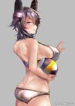  1girl ball bikini blush breasts closed_mouth grey_background headband juurouta kantai_collection large_breasts looking_at_viewer purple_hair simple_background smile swimsuit tenryuu_(kantai_collection) twitter_username violet_eyes white_bikini 