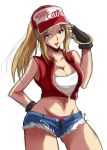  1girl baseball_cap black_gloves black_panties blonde_hair blue_eyes breasts cleavage collarbone cutoffs denim denim_shorts fatal_fury fingerless_gloves genderswap genderswap_(mtf) gloves hat large_breasts long_hair looking_at_viewer open_fly open_mouth panties ponytail short_shorts shorts simple_background snk_heroines:_tag_team_frenzy solo terry_bogard the_king_of_fighters underwear white_background yamada_(fanfantaisa) 