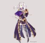  1girl armor book bozugame brown_gloves capelet female_my_unit_(fire_emblem:_kakusei) fire_emblem fire_emblem:_kakusei full_body gloves greaves grey_background holding holding_book holding_sword holding_weapon long_sleeves my_unit_(fire_emblem:_kakusei) parted_lips robe simple_background solo standing sword twintails twitter_username weapon white_hair yellow_eyes 
