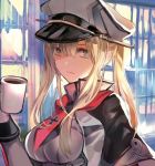  1girl blonde_hair breasts capelet closed_mouth commentary_request cup graf_zeppelin_(kantai_collection) grey_eyes hair_between_eyes hat high_ponytail holding holding_cup iron_cross kantai_collection large_breasts military military_hat military_uniform multicolored multicolored_background necktie peaked_cap rioka_(southern_blue_sky) sidelocks solo twintails uniform white_hat window 