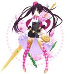  1girl argyle argyle_legwear black_gloves black_hair boots closed_mouth flower flower_knight_girl full_body gloves hat holding holding_spear holding_weapon ixia_(flower_knight_girl) kannagi_rei legs_apart long_hair looking_at_viewer object_namesake official_art overalls pink_capelet pink_footwear pink_hat polearm simple_background smile solo spear standing star thigh-highs thigh_boots twintails weapon white_background yellow_eyes 
