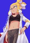  1girl artist_name black_pants black_shirt blonde_hair blue_background closed_mouth coat commentary_request cowboy_shot crop_top dark_skin earrings hand_on_hip inumaru_akagi jacket_on_shoulders jewelry light_frown long_sleeves looking_to_the_side midriff n-pacer_(splatoon) navel open_clothes open_coat pants pixiv_id pointy_ears popped_collar shirt short_hair short_ponytail simple_background solo splatoon splatoon_(manga) standing v-shaped_eyebrows white_coat yellow_eyes 