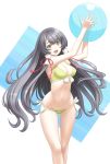  1girl ball beachball bikini black_hair blush breasts eyebrows_visible_through_hair green_bikini green_eyes highres kantai_collection long_hair looking_at_viewer medium_breasts mizuho_(kantai_collection) open_mouth solo swimsuit t2r very_long_hair 