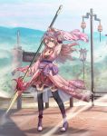  1girl absurdres black_legwear blush breasts brown_eyes brown_hair cleavage detached_sleeves frown hair_ornament highres japanese_clothes looking_at_viewer misakamitoko0903 obi original polearm sash solo spear thigh-highs weapon 