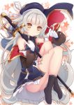  1girl azur_lane bangs bare_shoulders beret black_legwear blue_dress blue_hat blush breasts brown_eyes closed_mouth commentary_request dress eyebrows_visible_through_hair gloves hat headpiece highres holding holding_sword holding_weapon kan_lee long_hair long_sleeves looking_at_viewer mole mole_under_eye no_shoes puffy_long_sleeves puffy_sleeves ribbon saber_(weapon) sheath sheathed silver_hair sleeveless sleeveless_dress small_breasts socks solo star sword very_long_hair weapon white_gloves white_ribbon z46_(azur_lane) 