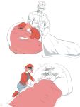  1boy 1girl ae-3803 bean_bag_chair blanket collared_shirt hat hataraku_saibou highres jacket red_blood_cell_(hataraku_saibou) red_jacket redhead shirt sleeping u-1146 uniform white_blood_cell_(hataraku_saibou) white_hair white_hat 