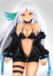  1girl azur_lane bangs bare_shoulders bikini_top black_bikini_top black_jacket black_shorts blush breasts cleavage closed_mouth collarbone commentary_request eyebrows_visible_through_hair facial_mark fingernails forehead_mark halter_top halterneck highres jacket large_breasts long_hair long_sleeves looking_at_viewer massachusetts_(azur_lane) native_american navel off_shoulder partially_unzipped puffy_long_sleeves puffy_sleeves red_eyes ryara_vivi short_shorts shorts silver_hair smile solo swimsuit swimsuit_under_clothes very_long_hair 