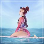  1girl absurdres alternate_costume alternate_hairstyle artist_request brown_hair d.va_(overwatch) eyewear_on_head highres ocean overwatch short_shorts shorts surfboard wetsuit 