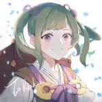  1girl bangs closed_mouth fire_emblem fire_emblem_fates green_hair highres japanese_clothes looking_at_viewer medium_hair midori_(fire_emblem) ribbon smile twintails upper_body violet_eyes yuurei_yrk 