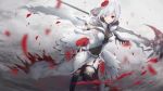  1girl blood bloody_clothes blue_eyes cape dress elbow_gloves flower garter_straps gloves hair_flower hair_ornament highres motion_blur petals rose scal2let scythe see-through serious sinoalice snow_white_(sinoalice) solo thigh-highs torn_cape torn_clothes torn_dress white_hair 
