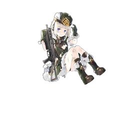  1girl blue_eyes boots dress full_body fur_hat fur_trim girls_frontline gloves gun hao_(patinnko) hat headphones looking_at_viewer official_art pp-19_(girls_frontline) pp-19_bizon short_hair silver_hair submachine_gun torn_clothes transparent_background ushanka weapon 