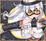  1girl absurdres breasts cleavage dated flower_knight_girl gloves hat highres large_breasts long_hair marker_(medium) mask mouth_hold nakaishow orange_eyes side_ponytail signature smile solo traditional_media translated warunasubi_(flower_knight_girl) white_gloves white_hair 