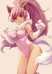  1girl :d animal_ears armlet breasts claws cleavage fur_trim gloves high_ponytail leotard long_hair looking_at_viewer medium_breasts mzkk_1826 open_mouth paw_gloves paws perisie_(star_ocean) pink_background pink_eyes pink_leotard simple_background smile solo standing star_ocean star_ocean_first_departure tail very_long_hair whisker_markings 