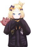  1girl abigail_williams_(fate/grand_order) bangs black_bow black_jacket blonde_hair blue_eyes blush bow closed_mouth commentary_request crossed_bandaids eyebrows_visible_through_hair fate/grand_order fate_(series) hair_bow hair_bun hands_up jacket long_hair long_sleeves looking_at_viewer object_hug orange_bow parted_bangs polka_dot polka_dot_bow simple_background sleeves_past_fingers sleeves_past_wrists solo stuffed_animal stuffed_toy teddy_bear upper_body white_background yuzuaji 