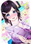  1girl bag bare_shoulders black_hair blue_eyes blurry blurry_background blush collarbone commentary embarrassed hair_ornament hairclip hand_holding highres lens_flare long_sleeves looking_at_viewer off-shoulder_sweater open_mouth original ribbed_sweater rouka_(akatyann) short_hair solo sweater thigh-highs 