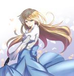 1girl bangs black_gloves blonde_hair blue_bow blue_eyes blue_skirt bow commentary eyebrows_visible_through_hair gloves hair_between_eyes long_hair long_sleeves parted_lips shirt short_over_long_sleeves short_sleeves skirt solo user_awm7451 very_long_hair violet_evergarden violet_evergarden_(character) white_shirt wide_sleeves 