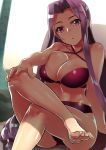  1girl bare_shoulders barefoot bikini breasts chiha_(abo_ecm_mk25) cleavage collarbone commentary_request error fate/grand_order fate/stay_night fate_(series) feet hand_on_own_knee highres hips large_breasts legs_crossed long_hair looking_at_viewer low-tied_long_hair medusa_(fate)_(all) palm_tree purple_hair rider sidelocks sitting solo swimsuit tree very_long_hair violet_eyes wrong_feet 